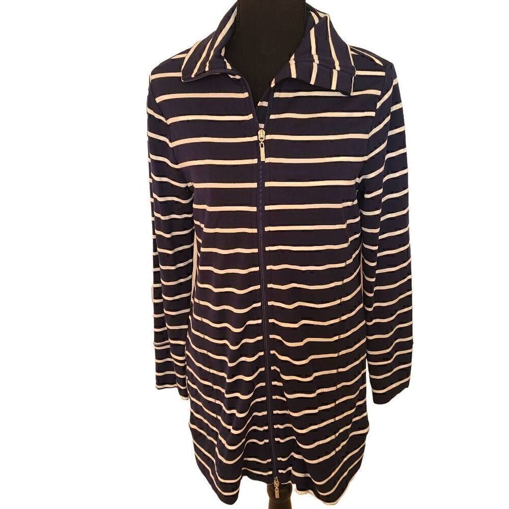 Soma Womens Striped Long Sleeves Full Zip Tunic Jacket Navy Blue & White Small